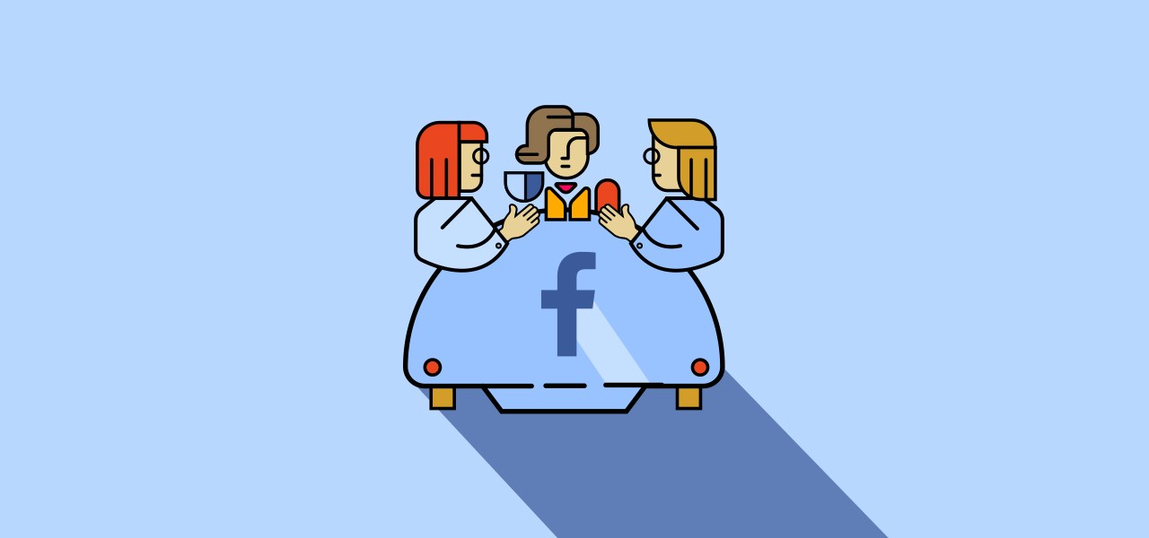 Illustration of 3 people sitting around a table that has a Facebook logo on it.