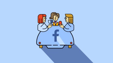 Illustration of 3 people sitting around a table that has a Facebook logo on it.