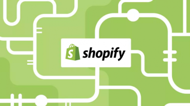 Shopify logo on top of green and white background.