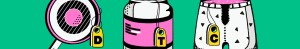 Illustration with a pan, a jar and underwear with tags spelling out D-T-C.