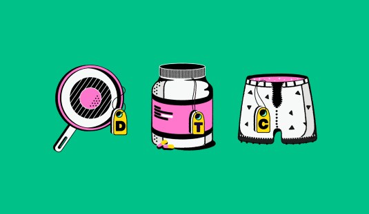 Illustration with a pan, a jar and underwear with tags spelling out D-T-C.