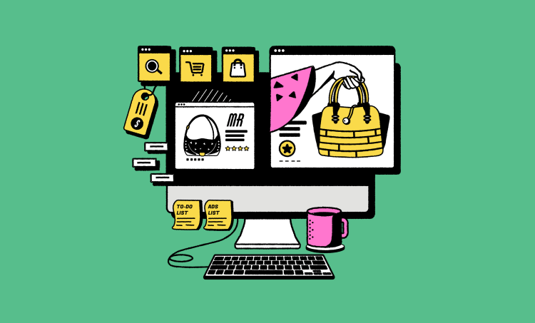 The header image shows an illustration of a computer that has multiple shopping-related windows open.
