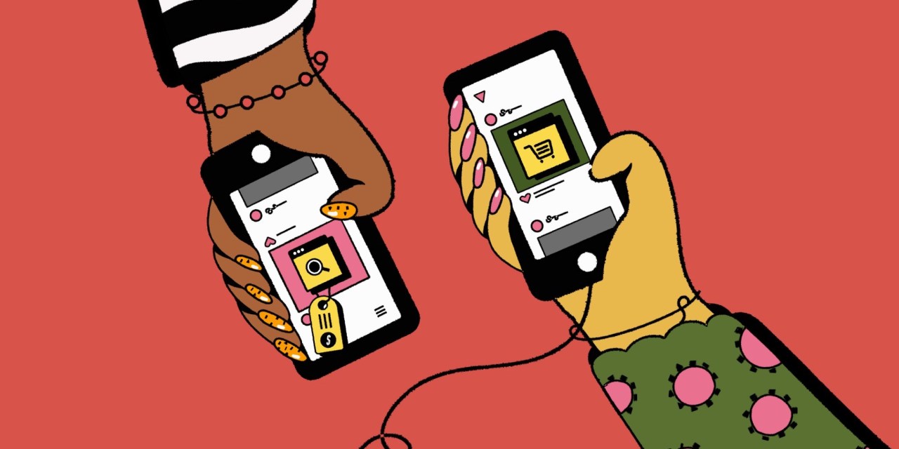 Illustration of two hands holding smartphones that are streaming videos.