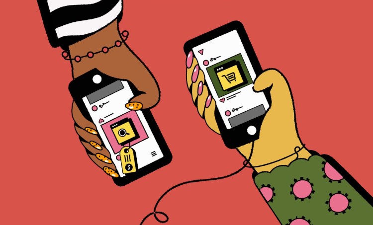 Illustration of two hands holding smartphones that are streaming videos.