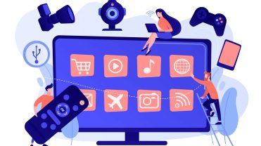 Tiny people using smart television connected to modern digital devices. Smart TV accessories, interractive TV entertainment, gaming TV tools concept. Pinkish coral bluevector isolated illustration