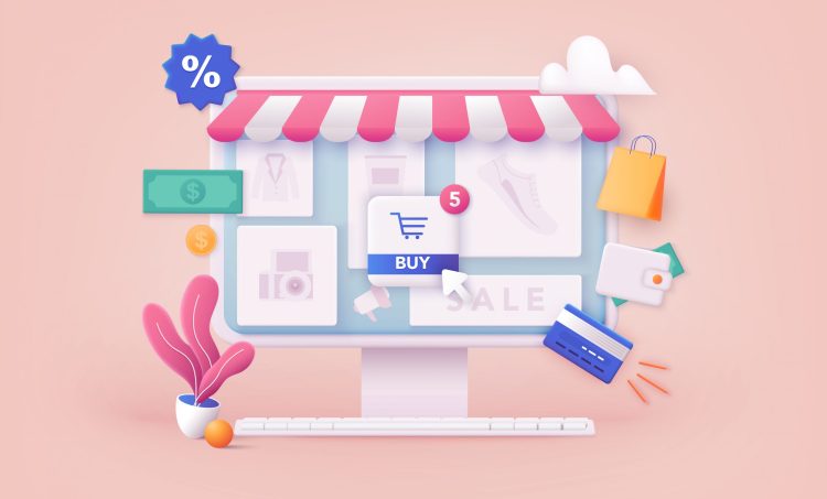 The header image shows a computer screen with online shopping icons.