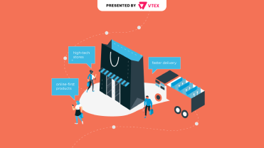 Illustration of people standing around a store-sized shopping bag on their phones.
