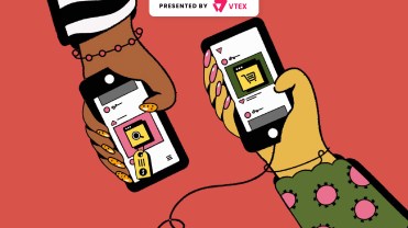 Illustration of two hands holding smartphones with a shopping app open.
