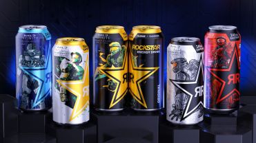 Cans of Rockstar Energy Drinks, illustrated with drawings promoting Halo Infinite