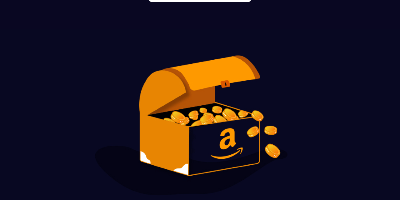 Illustration of treasure chest with Amazon logo on the side.