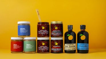 Momofuku's line of pantry products, including bottles of chili crunch and soy sauce