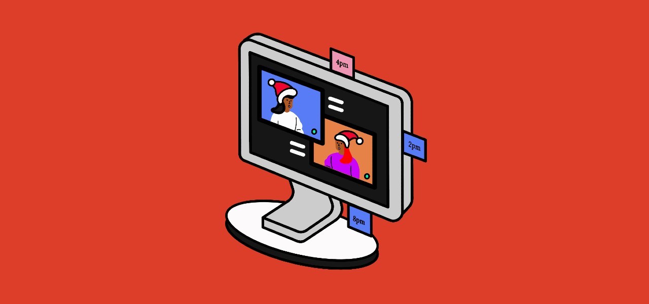 Illustration of two people wearing santa hats using video conferencing tool Zoom