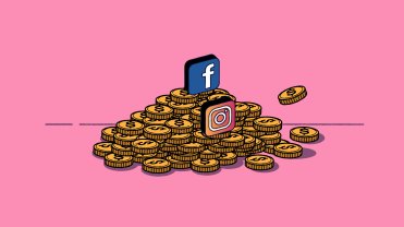 Instagram and Facebook logos stacked ontop of gold coins on a pink background