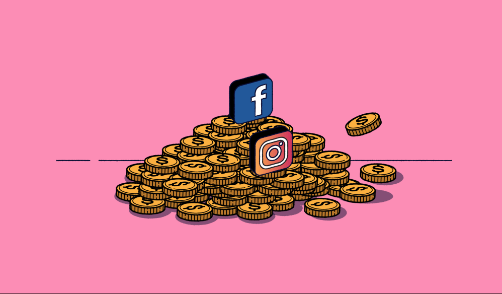 Instagram and Facebook logos stacked ontop of gold coins on a pink background