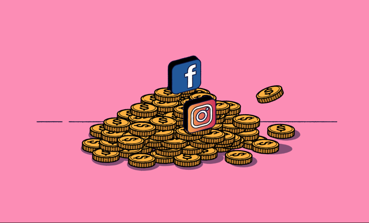 Instagram and Facebook logos stacked ontop of gold coins on a pink background