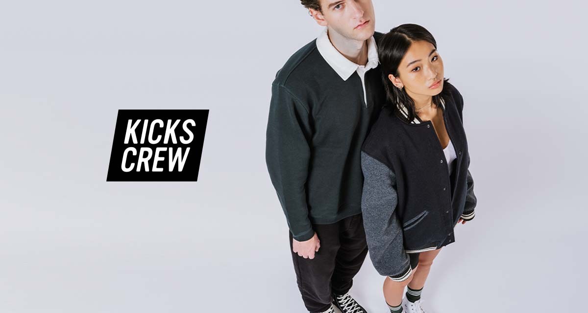 Kicks Crew materials featuring two models wearing sneakers