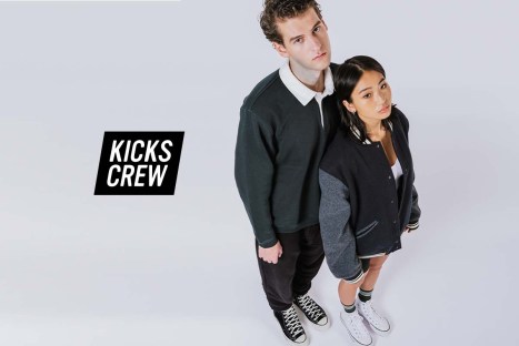 Kicks Crew materials featuring two models wearing sneakers