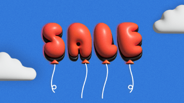 Red balloons spelling out the word "sale" on a blue background with white clouds