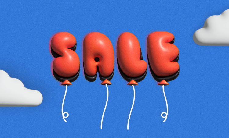 Red balloons spelling out the word "sale" on a blue background with white clouds