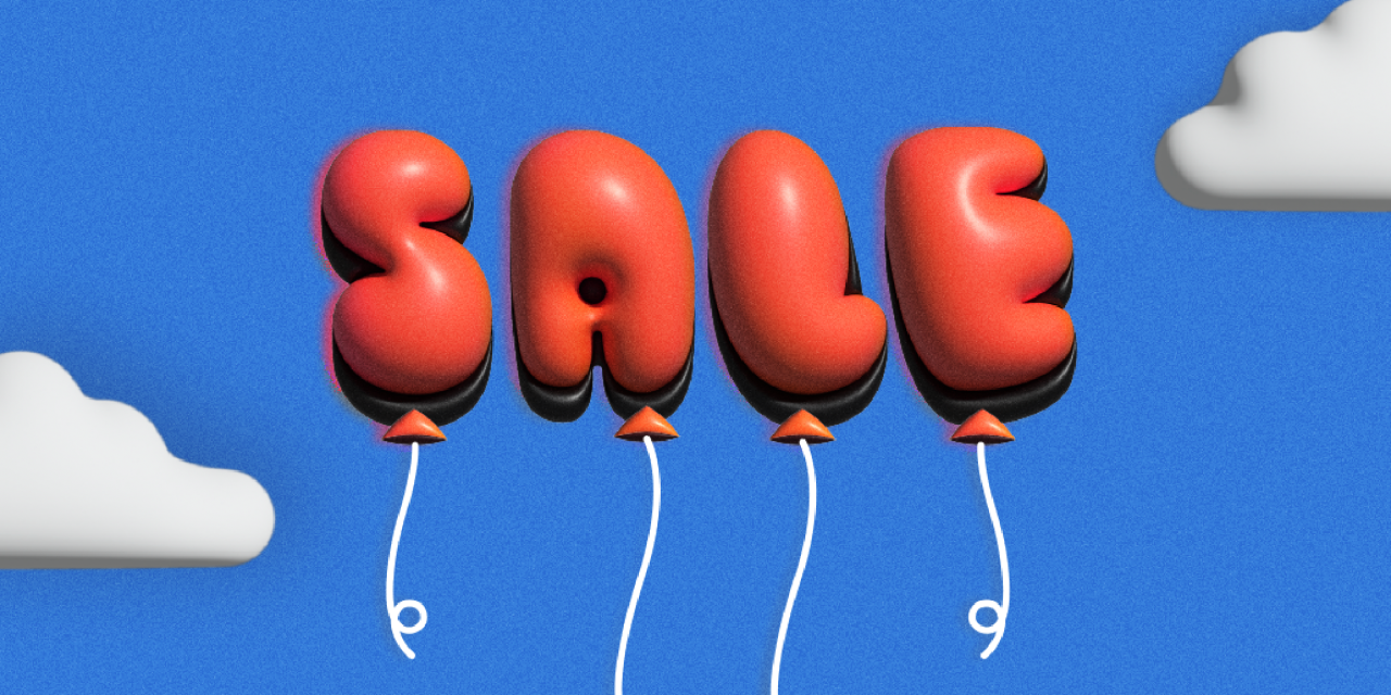 Red balloons spelling out the word "sale" on a blue background with white clouds