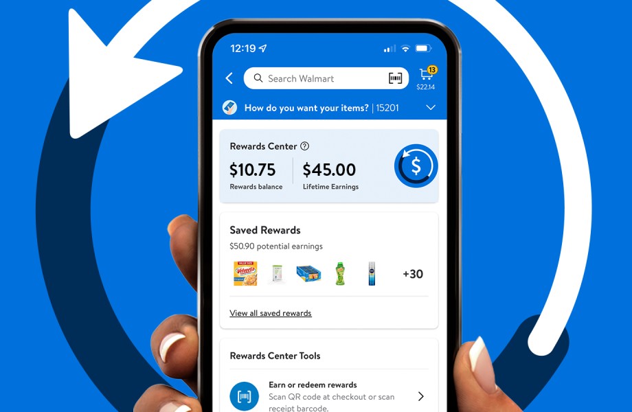 A phone showing the reward balance and the lifetime earnings people get with Walmart Rewards