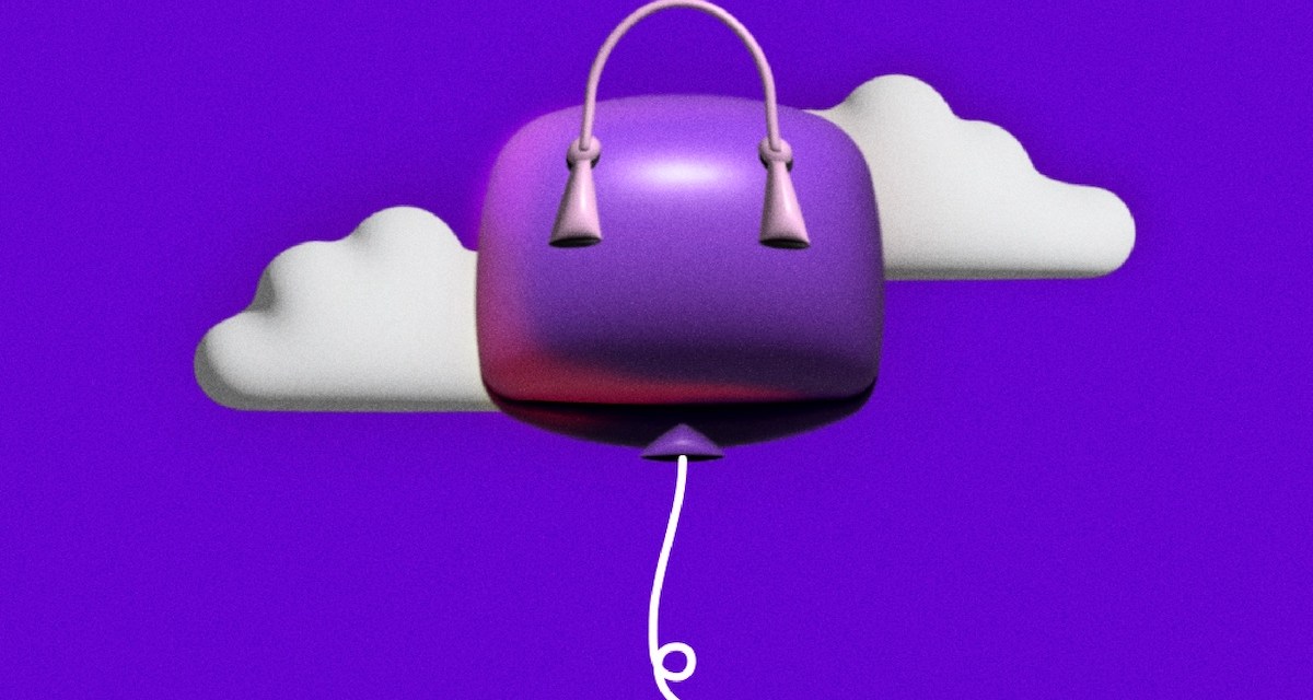 Purple handbag balloon on purple background with white clouds