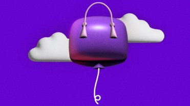 Purple handbag balloon on purple background with white clouds