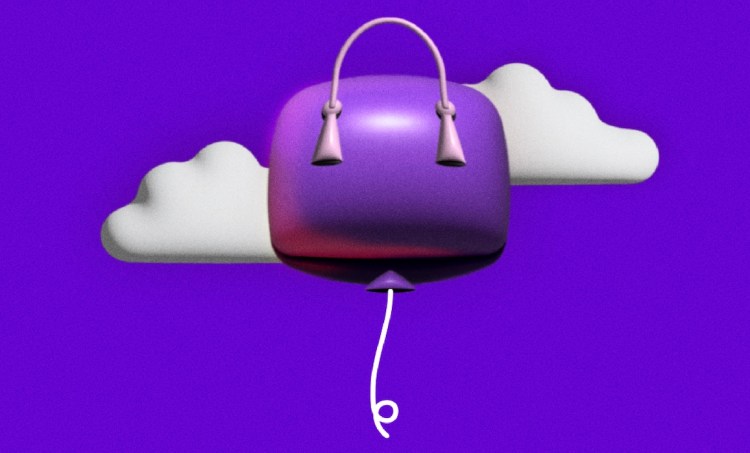 Purple handbag balloon on purple background with white clouds