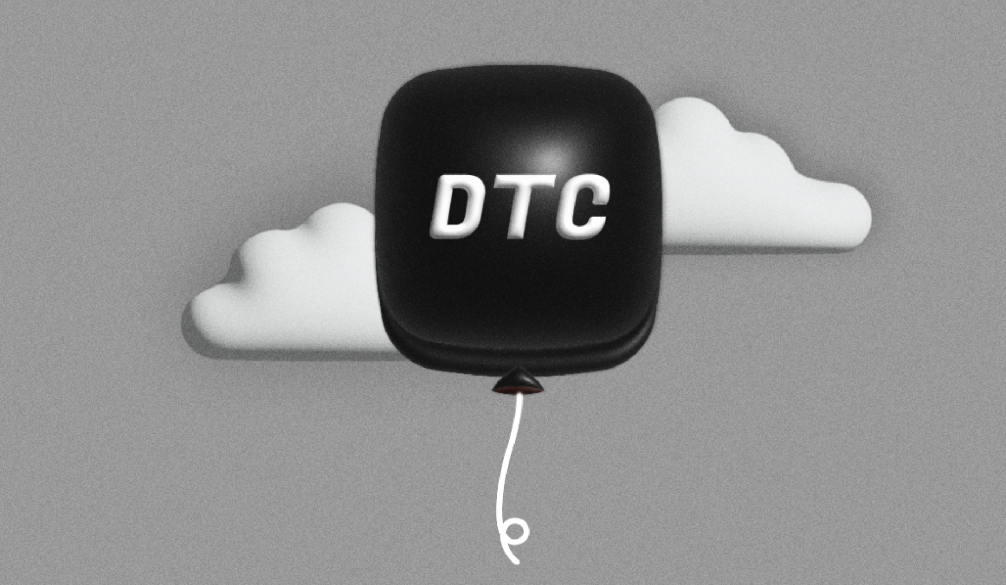 Black "DTC" balloon on a grey background with white clouds