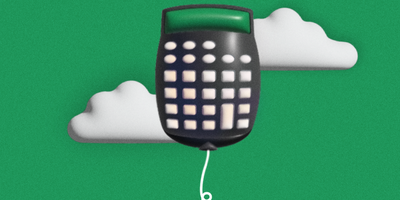 Green "calculator" balloon on a green background with white clouds