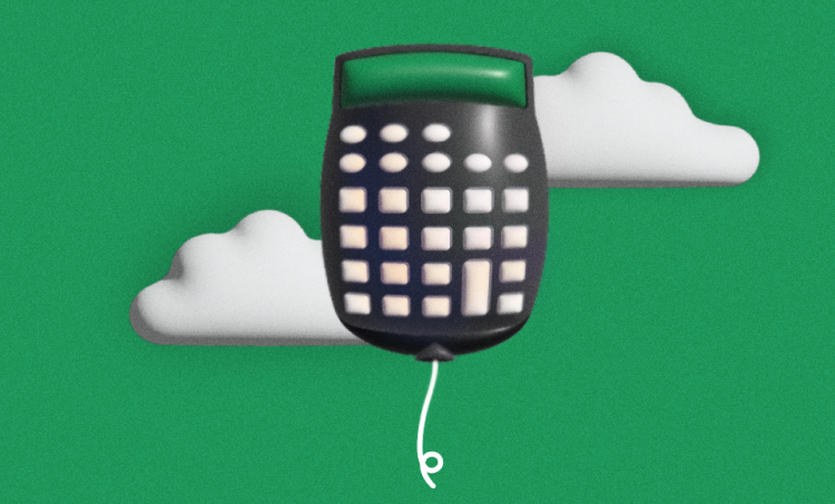 Green "calculator" balloon on a green background with white clouds