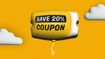 Yellow "save 20% coupon balloon on a yellow background with white clouds