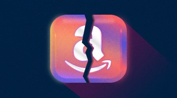 Pink and purple Amazon logo cracked in half on a dark navy blue background