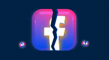 A pink and purple Facebook icon that's cracked in half on a navy blue background