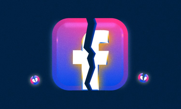 A pink and purple Facebook icon that's cracked in half on a navy blue background