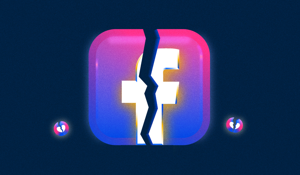 A pink and purple Facebook icon that's cracked in half on a navy blue background