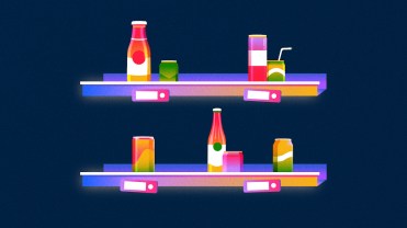 Pink-purple shelves with soda cans and glass bottles of various colors on a dark blue background