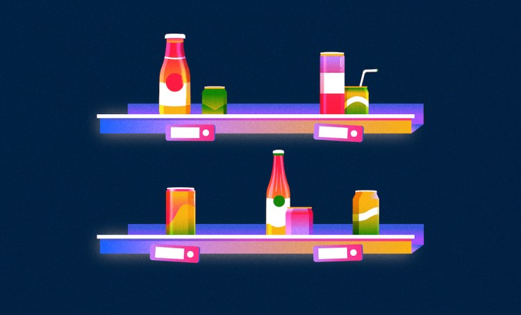 Pink-purple shelves with soda cans and glass bottles of various colors on a dark blue background