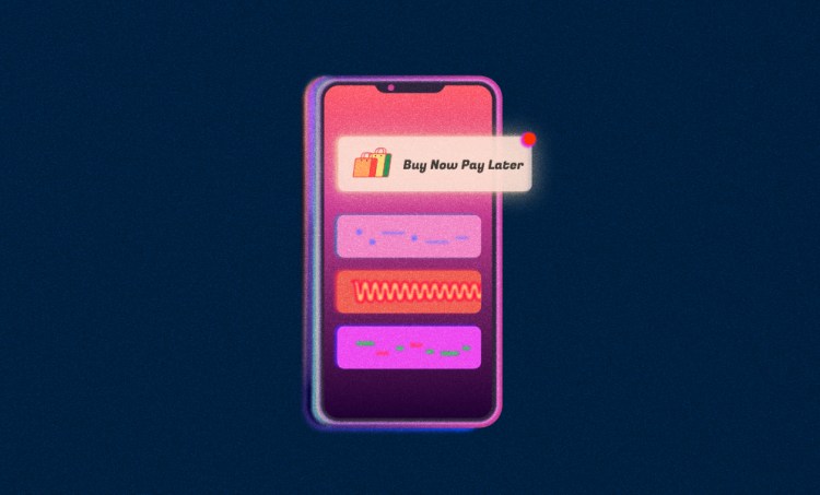 Pink phone screen with a "buy now pay later" mobile banner on a dark navy blue background.