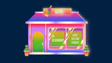 A wine store with signs that say "hi neighbor" and "wine tasting tonight" in the storefront