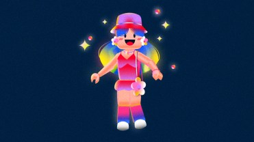 Roblox avatar with a pink bucket hat, flower purse and charm bracelet on a dark navy blue background