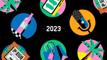 Various icons -- wine bottle, shopping bag, mobile phone, podcast microphone, palm tree -- on a black background labeled "2023."