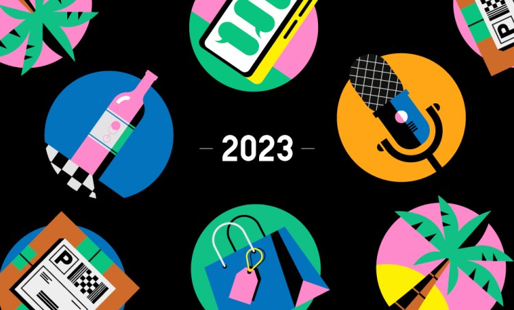 Various icons -- wine bottle, shopping bag, mobile phone, podcast microphone, palm tree -- on a black background labeled "2023."