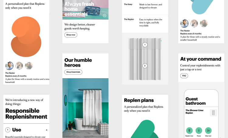 Screenshots of mobile images from the Outlines website that show its shower curtain products and subscriptions services.