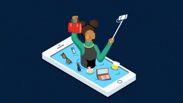 Women livestreaming herself holding a handbag, popping out of a phone screen surrounded by sunglasses, sunscreen, lipstick, and other beauty products. Illustration is on a navy blue background.