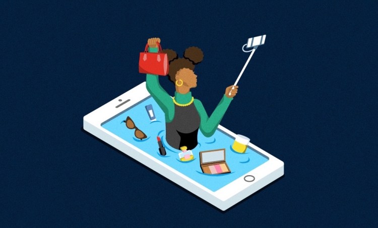 Women livestreaming herself holding a handbag, popping out of a phone screen surrounded by sunglasses, sunscreen, lipstick, and other beauty products. Illustration is on a navy blue background.