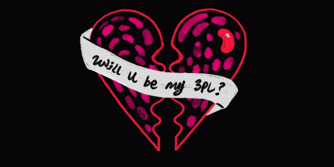 Red broken heart on a black background with a banner reading, "will u be my 3PL?"