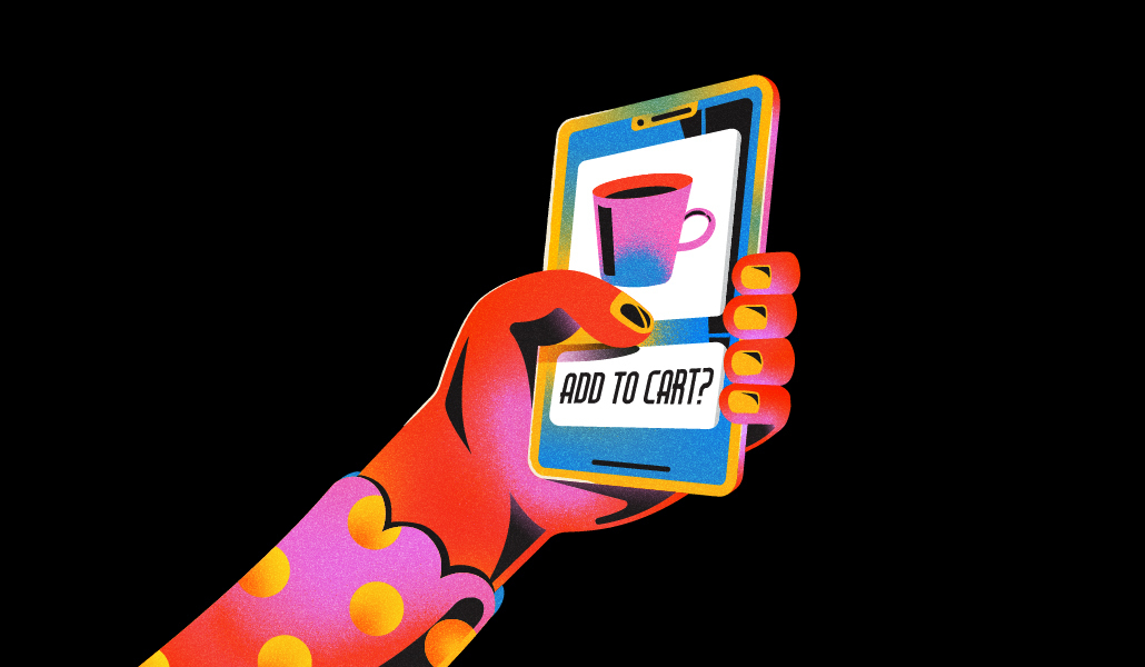 Arm held out holding a phone that has the screen open to a picture of a coffee cup, with the button "add to cart?"