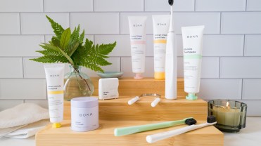 Boka products, including its toothpaste, toothbrush and dental floss are on display.
