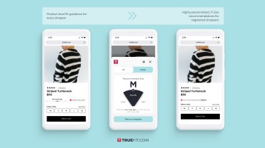 Three screenshots of a phone show how TrueFit looks on an app.